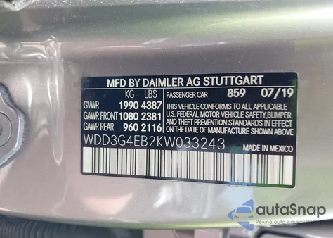 2019 Mercedes-Benz A 220 from USA, damaged, VIN WDD3G4EB2KW033243